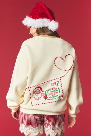 Peach Love Santa Letter Envelope Pocket Fleeced Terry Sweatshirt in Butter Yellow