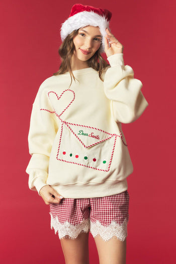 Peach Love Santa Letter Envelope Pocket Fleeced Terry Sweatshirt in Butter Yellow