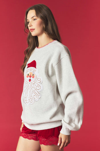 Peach Love Santa Detailed French Terry Sweatshirt in Heather Grey