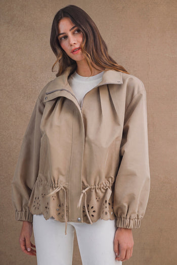 MABLE Oversized Zip Front Eyelet Cutout Hem Jacket in Taupe