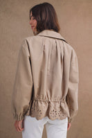 MABLE Oversized Zip Front Eyelet Cutout Hem Jacket in Taupe