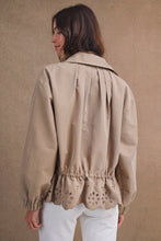 Load image into Gallery viewer, MABLE Oversized Zip Front Eyelet Cutout Hem Jacket in Taupe
