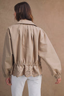 MABLE Oversized Zip Front Eyelet Cutout Hem Jacket in Taupe