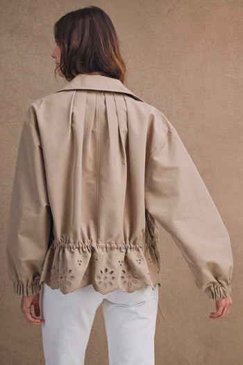 MABLE Oversized Zip Front Eyelet Cutout Hem Jacket in Taupe