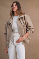 MABLE Oversized Zip Front Eyelet Cutout Hem Jacket in Taupe