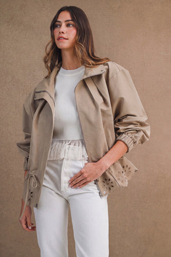 MABLE Oversized Zip Front Eyelet Cutout Hem Jacket in Taupe