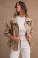 MABLE Oversized Zip Front Eyelet Cutout Hem Jacket in Taupe