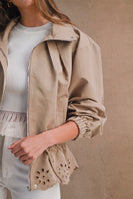 MABLE Oversized Zip Front Eyelet Cutout Hem Jacket in Taupe