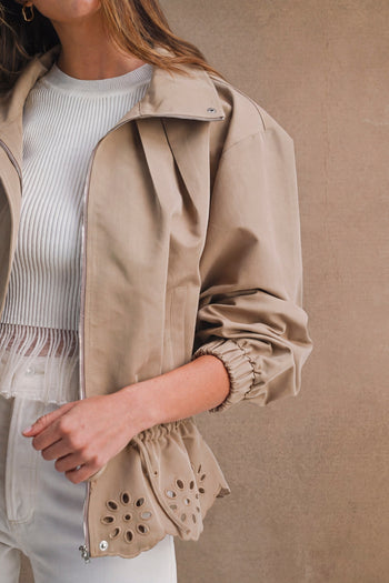 MABLE Oversized Zip Front Eyelet Cutout Hem Jacket in Taupe