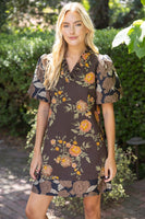 VOY Floral Jacquard Bubble Sleeve Ruffle V-Neck Dress in Brown