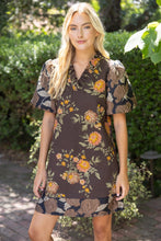 Load image into Gallery viewer, VOY Floral Jacquard Bubble Sleeve Ruffle V-Neck Dress in Brown

