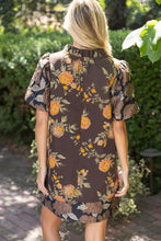 Load image into Gallery viewer, VOY Floral Jacquard Bubble Sleeve Ruffle V-Neck Dress in Brown

