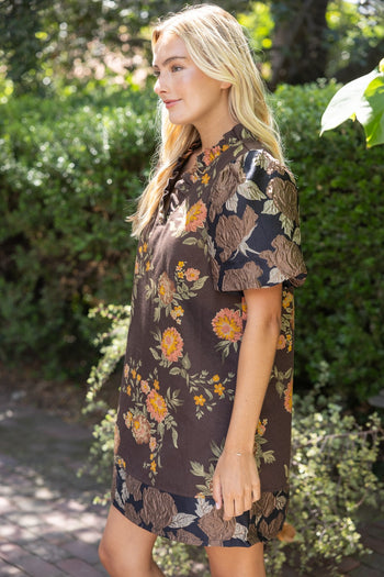 VOY Floral Jacquard Bubble Sleeve Ruffle V-Neck Dress in Brown