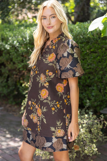 VOY Floral Jacquard Bubble Sleeve Ruffle V-Neck Dress in Brown