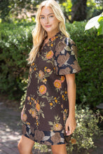 Load image into Gallery viewer, VOY Floral Jacquard Bubble Sleeve Ruffle V-Neck Dress in Brown
