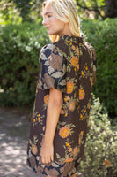 VOY Floral Jacquard Bubble Sleeve Ruffle V-Neck Dress in Brown