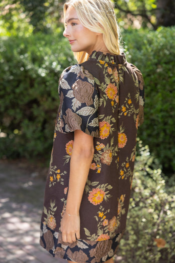 VOY Floral Jacquard Bubble Sleeve Ruffle V-Neck Dress in Brown