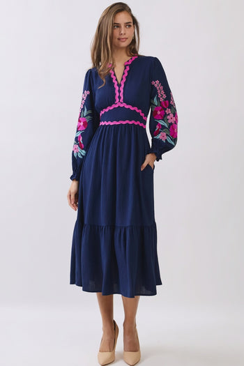 Oddi Embroidered Tiered Midi Dress in Navy