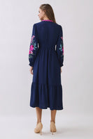Oddi Embroidered Tiered Midi Dress in Navy