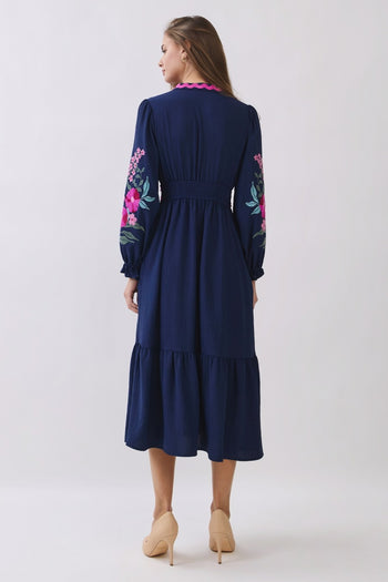 Oddi Embroidered Tiered Midi Dress in Navy
