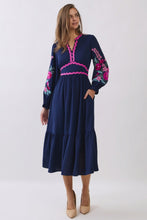 Load image into Gallery viewer, Oddi Embroidered Tiered Midi Dress in Navy
