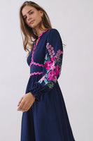 Oddi Embroidered Tiered Midi Dress in Navy
