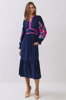 Oddi Embroidered Tiered Midi Dress in Navy