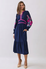 Load image into Gallery viewer, Oddi Embroidered Tiered Midi Dress in Navy
