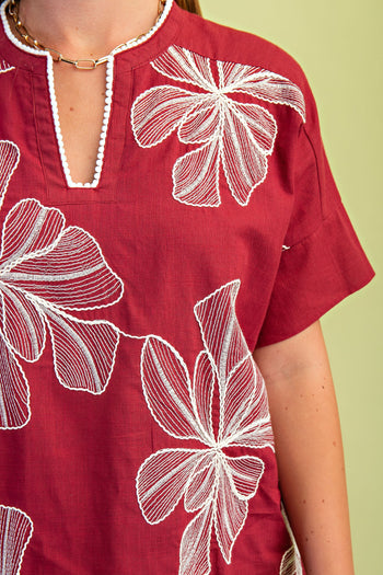 GiGio Floral Embroidered Top in Burgundy