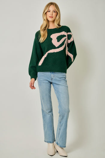 Mystree Rhinestone Ribbon Motif Sweater in Hunter Green