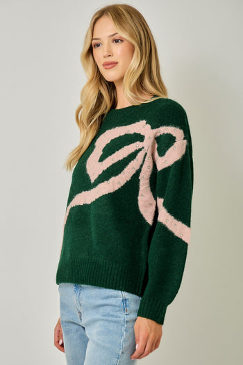 Mystree Rhinestone Ribbon Motif Sweater in Hunter Green