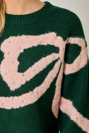 Mystree Rhinestone Ribbon Motif Sweater in Hunter Green