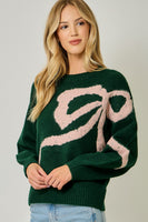 Mystree Rhinestone Ribbon Motif Sweater in Hunter Green