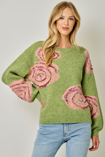 Mystree Brushed Sequin Rose Sweater in Fern Green