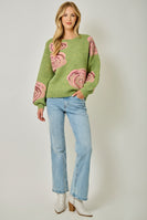 Mystree Brushed Sequin Rose Sweater in Fern Green