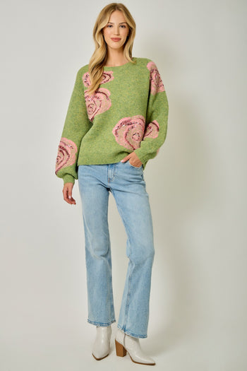 Mystree Brushed Sequin Rose Sweater in Fern Green
