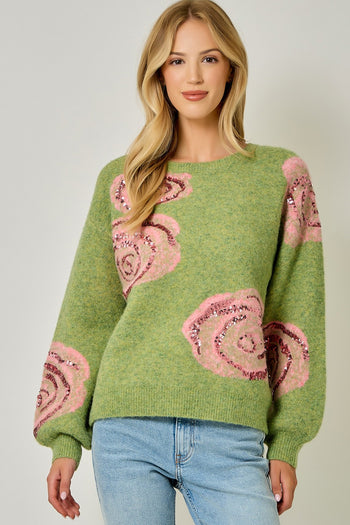 Mystree Brushed Sequin Rose Sweater in Fern Green