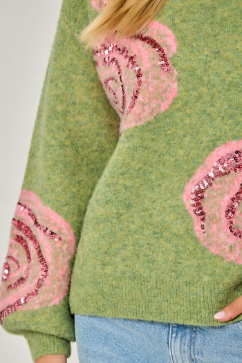 Mystree Brushed Sequin Rose Sweater in Fern Green