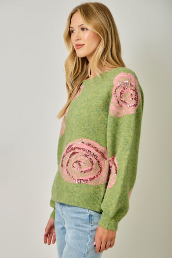 Mystree Brushed Sequin Rose Sweater in Fern Green