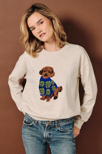 Sunday Edition Poodle Graphic Knit Sweater in Oatmeal
