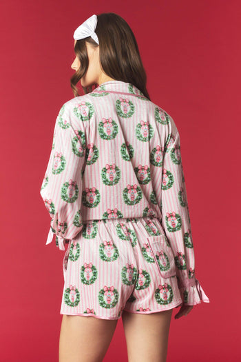 Peach Love Stripe and Wreath with Nut Cracker Velvet Pajama Set in Light Pink Multi