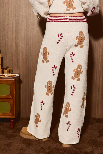 Le Lis Gingerbread Graphic Knit Wide Leg Lounge Pants in Cream-Red