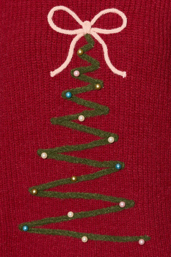 Le Lis Embroidered Christmas Tree Oversized Sweater in Red