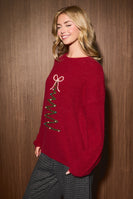 Le Lis Embroidered Christmas Tree Oversized Sweater in Red