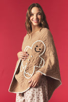 Peach Love Ginger Bread Blanket Stitch Hem Knit Cape in Light Taupe