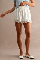 MABLE Floral Lace Trim Drawstring Waist Shorts  in Cream