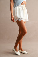MABLE Floral Lace Trim Drawstring Waist Shorts  in Cream