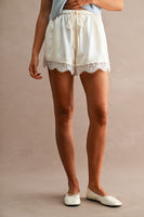 MABLE Floral Lace Trim Drawstring Waist Shorts  in Cream