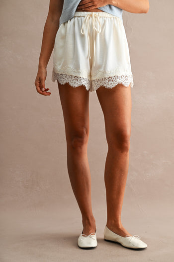 MABLE Floral Lace Trim Drawstring Waist Shorts  in Cream