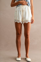 MABLE Floral Lace Trim Drawstring Waist Shorts  in Cream